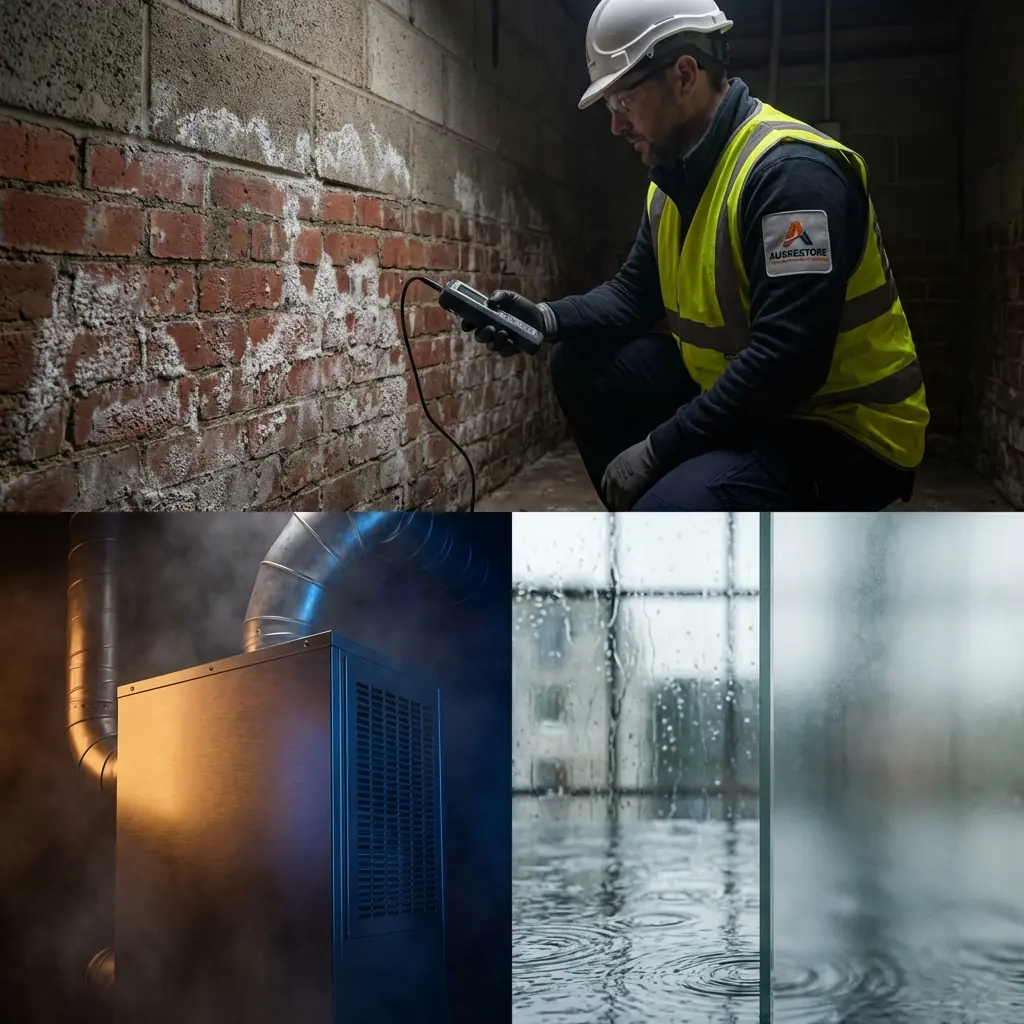 Side-by-side comparison of white crystalline efflorescence deposits on brick versus fuzzy organic mould growth